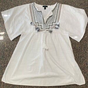 J. Crew White Bohemian Embroidered & Embelished  100% Cotton Sz 8 Tunic Top
